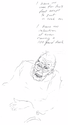 Notes of the article text, with a sketch of an older male patient.