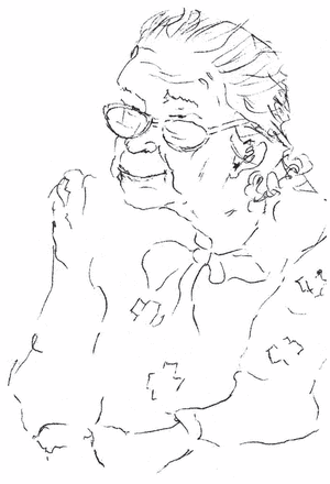 Black and white sketch of an older female patient in a floral shirt, with a bow.