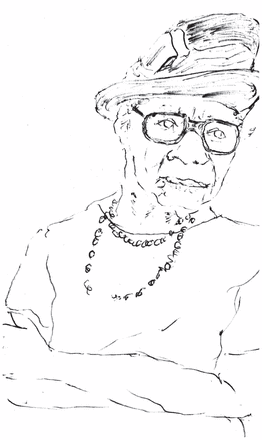 Black and white sketch of an older female patient in a hat and pearl necklace.