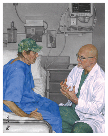 Colour painting of a doctor sitting beside a bed, talking to a male patient in a blue hospital gown and green trucker hat.