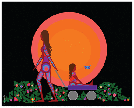 Colour painting by Dene artist Lisa Boivin, of a woman pulling a young boy in a wagon, with the sun setting behind them..