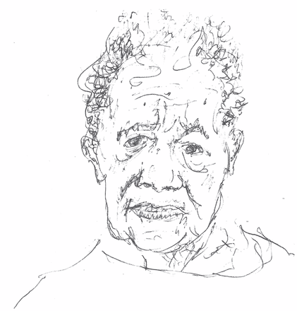 Black and white sketch of an older male patient.