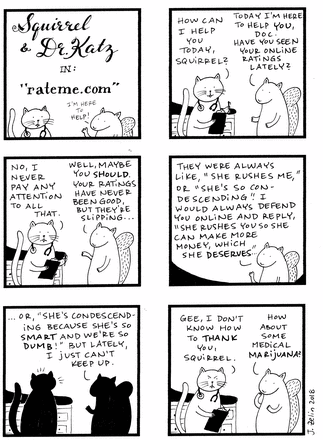 Black and white, 6-panel comic (Squirrel & Dr. Katz) containing text of article.