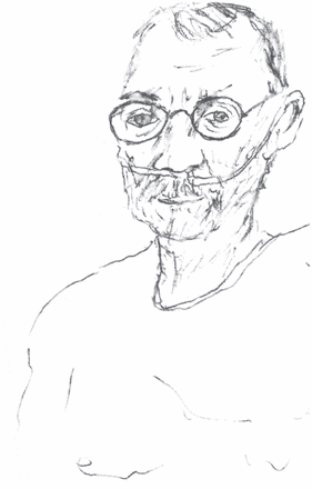 Sketch of a man with glasses and an oxygen tube in his nose.