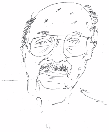 Sketch of a man with glasses and a moustache.