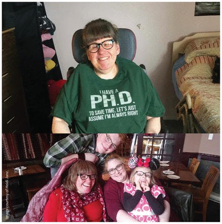 Two colour photos of the author, Heidi Janz; in the top photo, she is wearing a green sweatshirt that reads, "I have a PhD; to save time, let's assume I'm always.