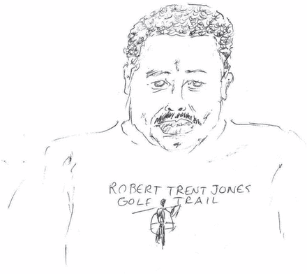 A sketch of a man wearing a sweatshirt that reads "Robert Trent Jones-Golf Trail".
