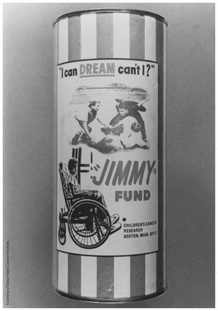 Photo of a can for collecting funds for the Jimmy Fund, a campaign by the Children's Cancer Research Foundation. Can shows imagery of a child in a wheelchair dreaming of playing baseball.