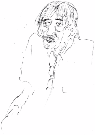 Sketch of a man with an oxygen tube in his nose.