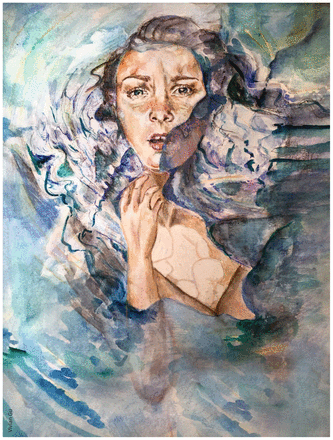 A watercolour of a woman's face, surrounded by waves.