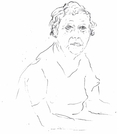 Black and white sketch of an older female patient.