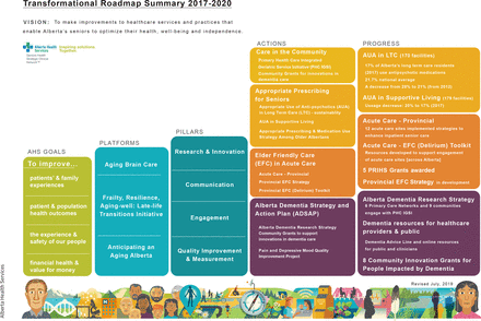 Infographic summarizing the Seniors Health Strategic Clinical Network Transformational Roadmap for 2017 to 2020, including goals, platforms, pillars, actions and progress.