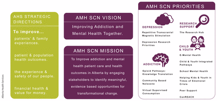 Infographic of the strategic directions and priorities of the Addiction and Mental Health Strategic Clinical Network to improve the experiences of patients and families, the health outcomes of the patient and population, the experiences and safety of our people, and financial health and value for money.