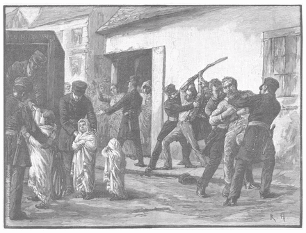 Drawing by Robert Harris is titled "Incident of the smallpox epidemic, Montréal." It illustrates sanitary police removing patients from the public through the use of force, contemporary to the antivaccination riots of 1885.