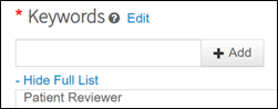 Keyword search box on CMAJ’s submission page with the “Patient Reviewer” option selected. It is included to help reviewers create their profile on ScholarOne, the article submission platform that CMAJ uses.